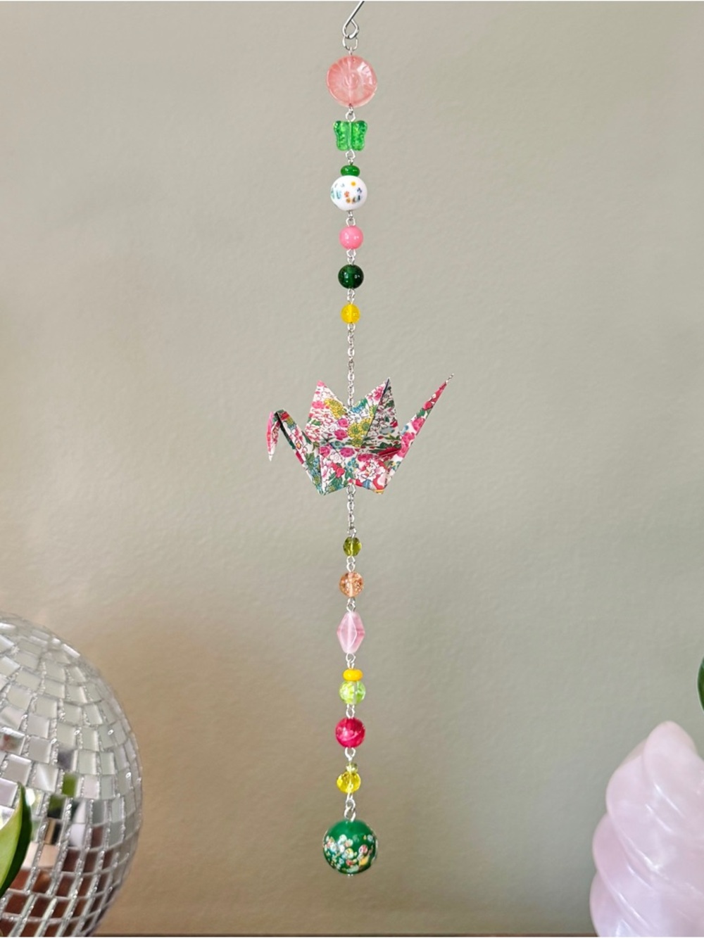 Origami Ornament #2458 - Medium Crane with Repurposed Beads